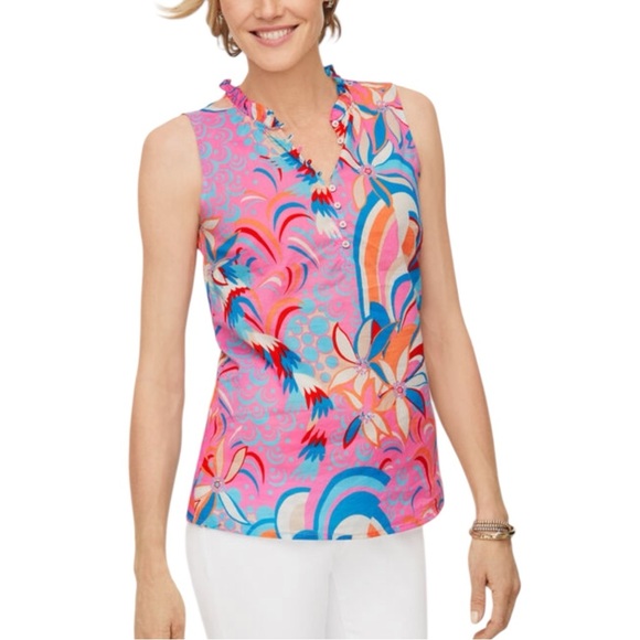 TALBOTS PINK 100% COTTON FLORAL SLEEVELESS TOP SZ S - Picture 3 of 5